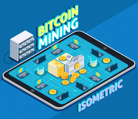 Bitcoin mining isometric composition on blue background with hardware, cryptocurrency, integrated laptops, blockchain, transactions, vector illustration