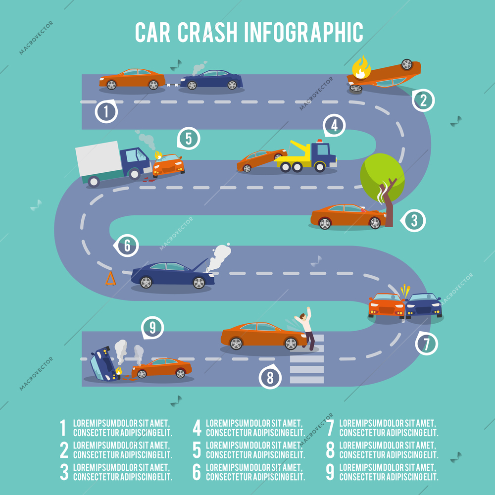 Car crash infographic set with damaged auto burning vehicle vector illustration