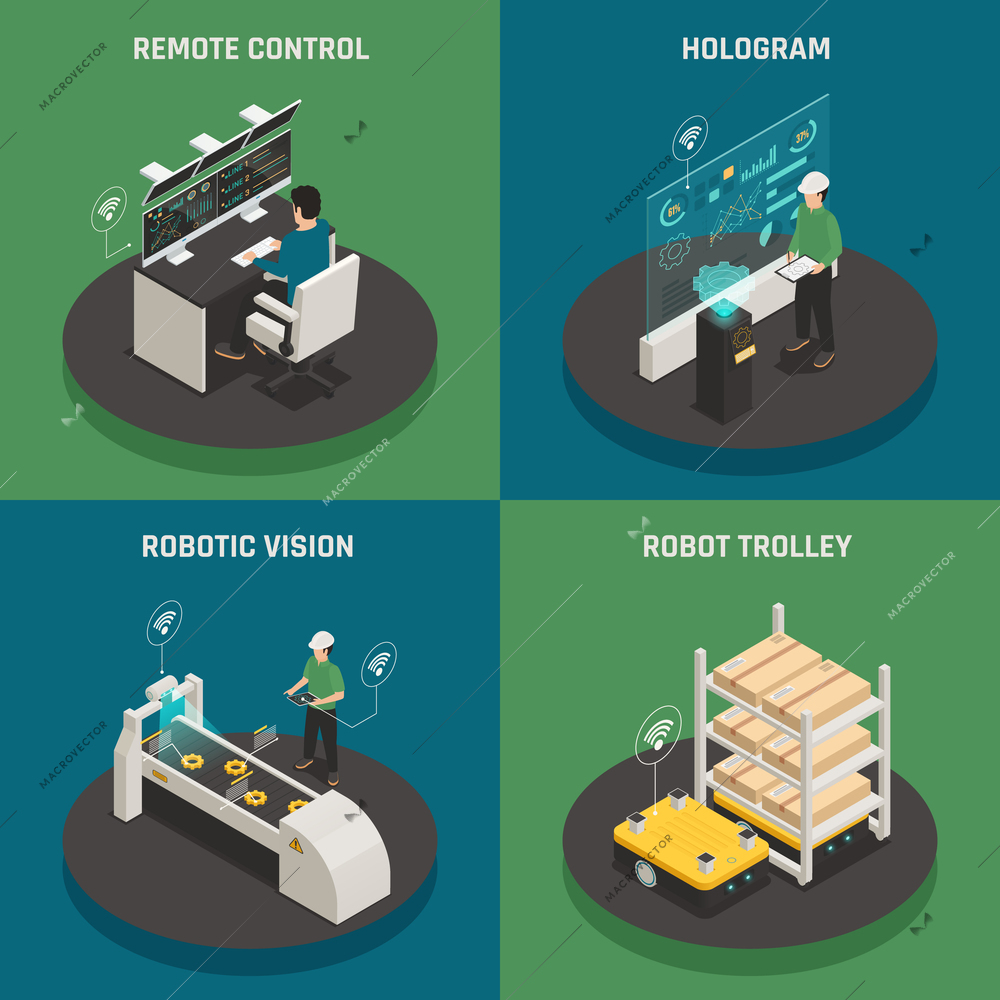 Smart manufacturing 4 isometric icons square concept with hologram projection technologies and automated robot trolley vector illustration