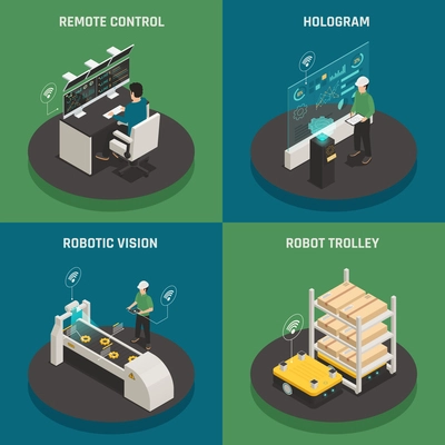 Smart manufacturing 4 isometric icons square concept with hologram projection technologies and automated robot trolley vector illustration