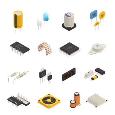 Semiconductor device electronic components isometric icons set with signal photo and transient voltage diodes isolated vector illustration