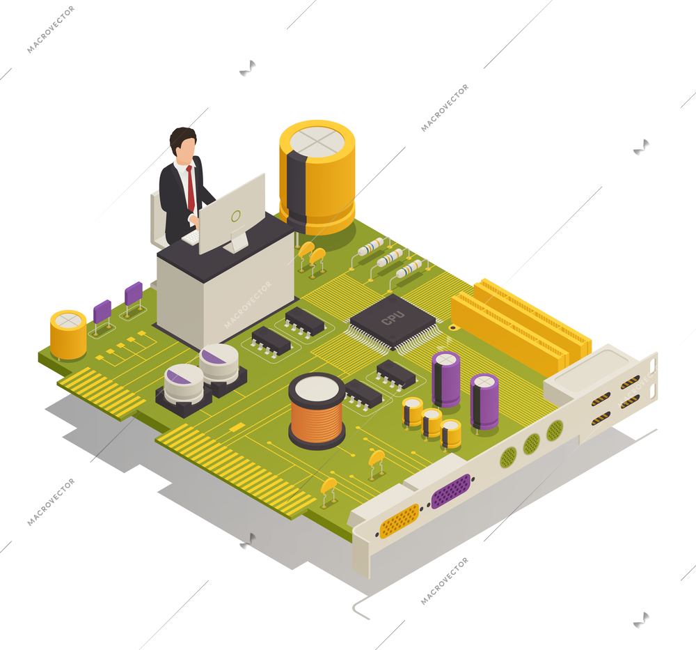 Semiconductor electronic components computer application symbolic isometric composition with desktop user mounted on circuit board vector illustration