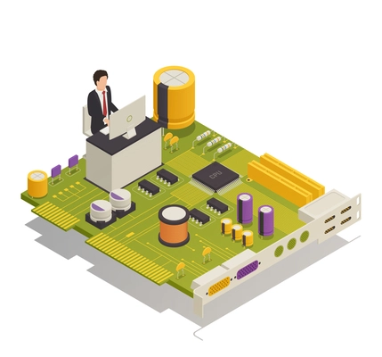 Semiconductor electronic components computer application symbolic isometric composition with desktop user mounted on circuit board vector illustration