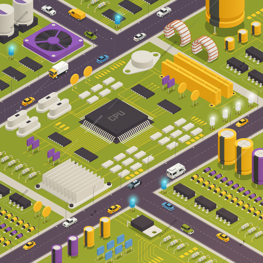 Semiconductor electronic components assembled on printed circuit board as city buildings streets traffic closeup isometric composition vector illustration