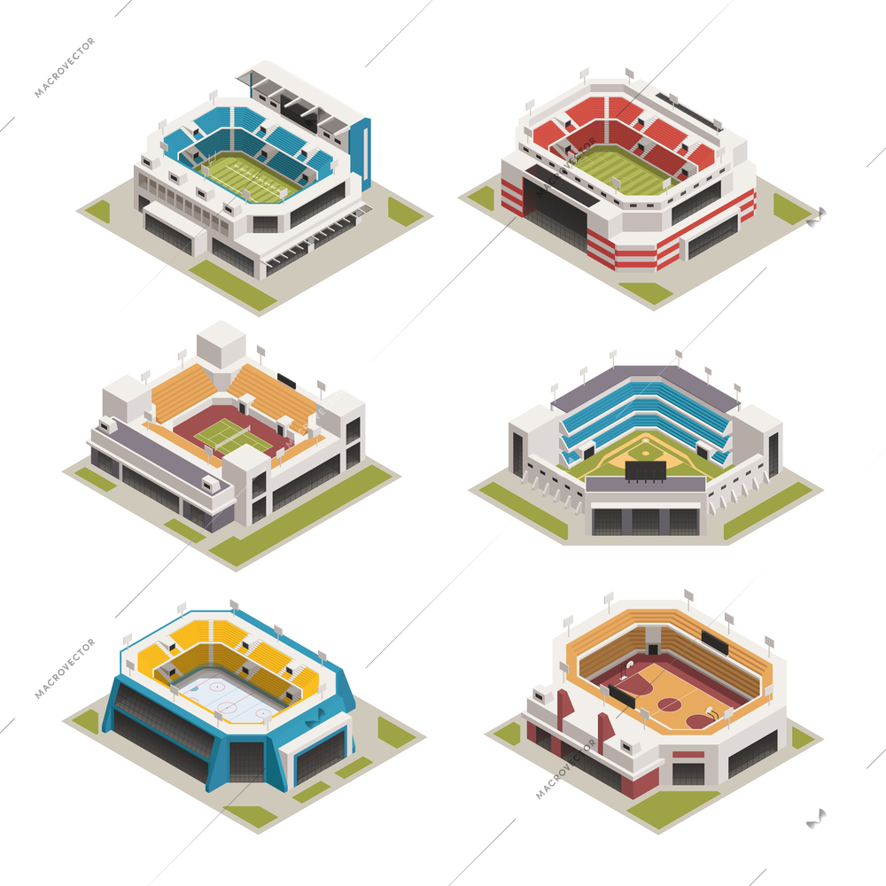 Worlds famous biggest sport competitions stadiums arenas and basketball court buildings isometric icons set isolated vector illustration