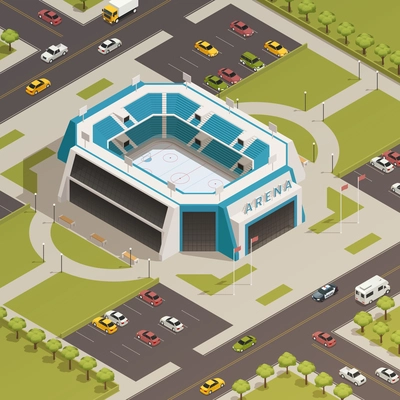 Ice hockey competitions sport arena stadium with adjacent parking lots and lawns area isometric composition vector illustration