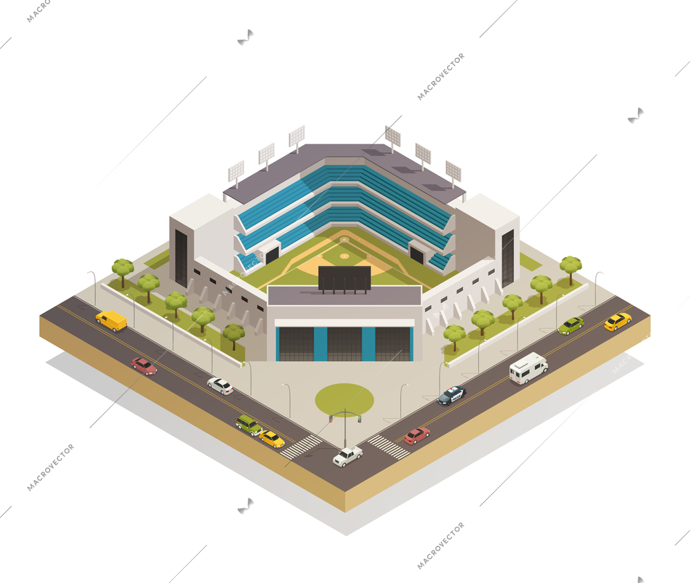 Classic baseball ballpark play area with sport stadium seating entrance and adjacent streets isometric composition vector illustration