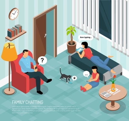 Family members father mother teenager and cat chatting home online with smartphones tablets isometric composition vector illustration
