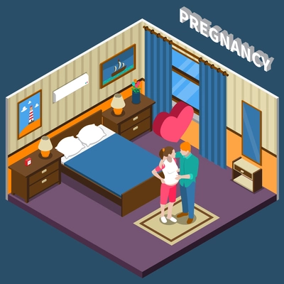 Pregnancy isometric composition on blue background with loving couple waiting baby, bedroom interior elements vector illustration