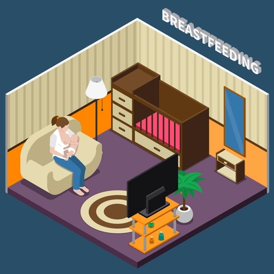 Breastfeeding isometric composition with woman during feeding infant sitting on sofa in home interior vector illustration