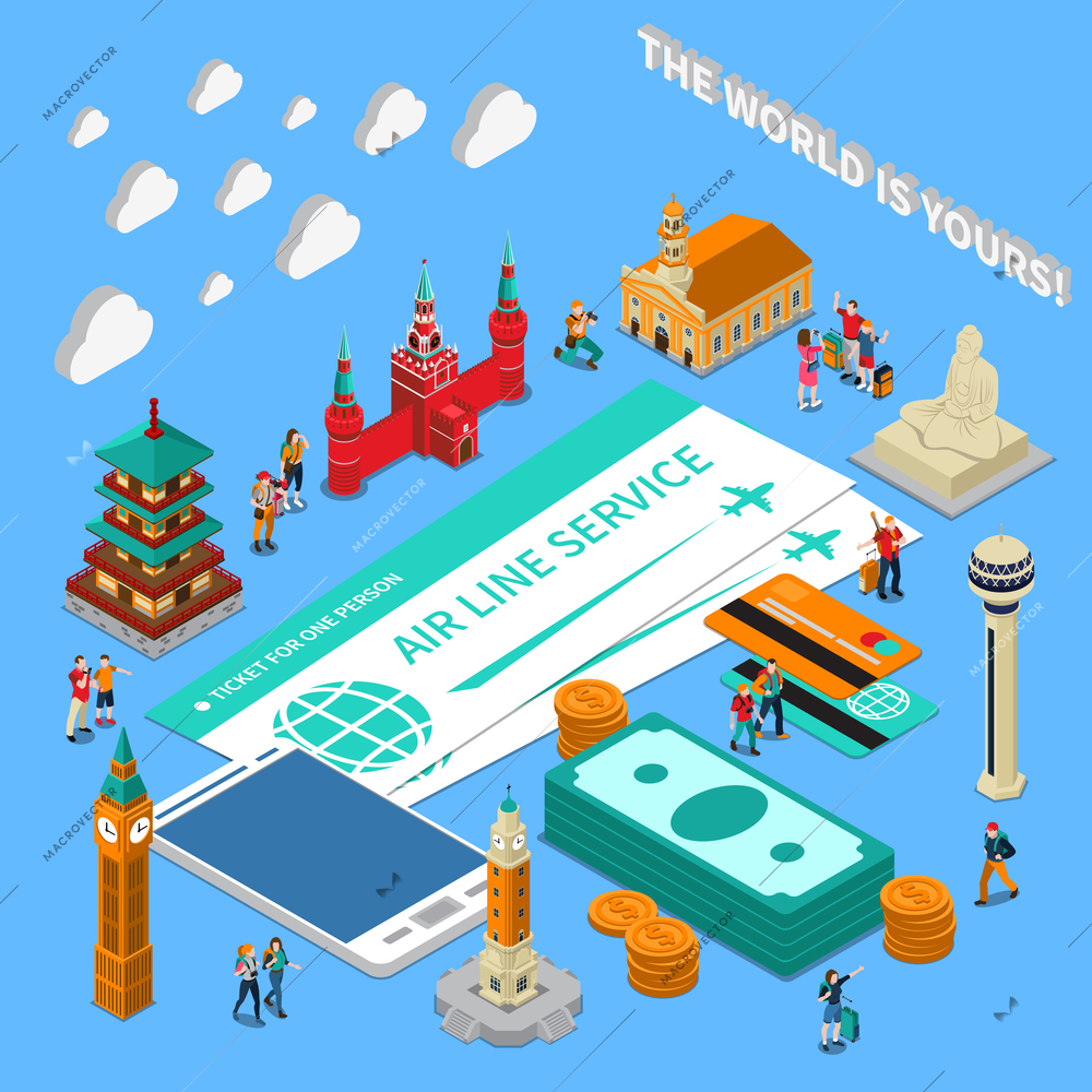 Traveling people isometric composition on blue background with flight tickets, money, tourist landmarks, mobile device vector illustration