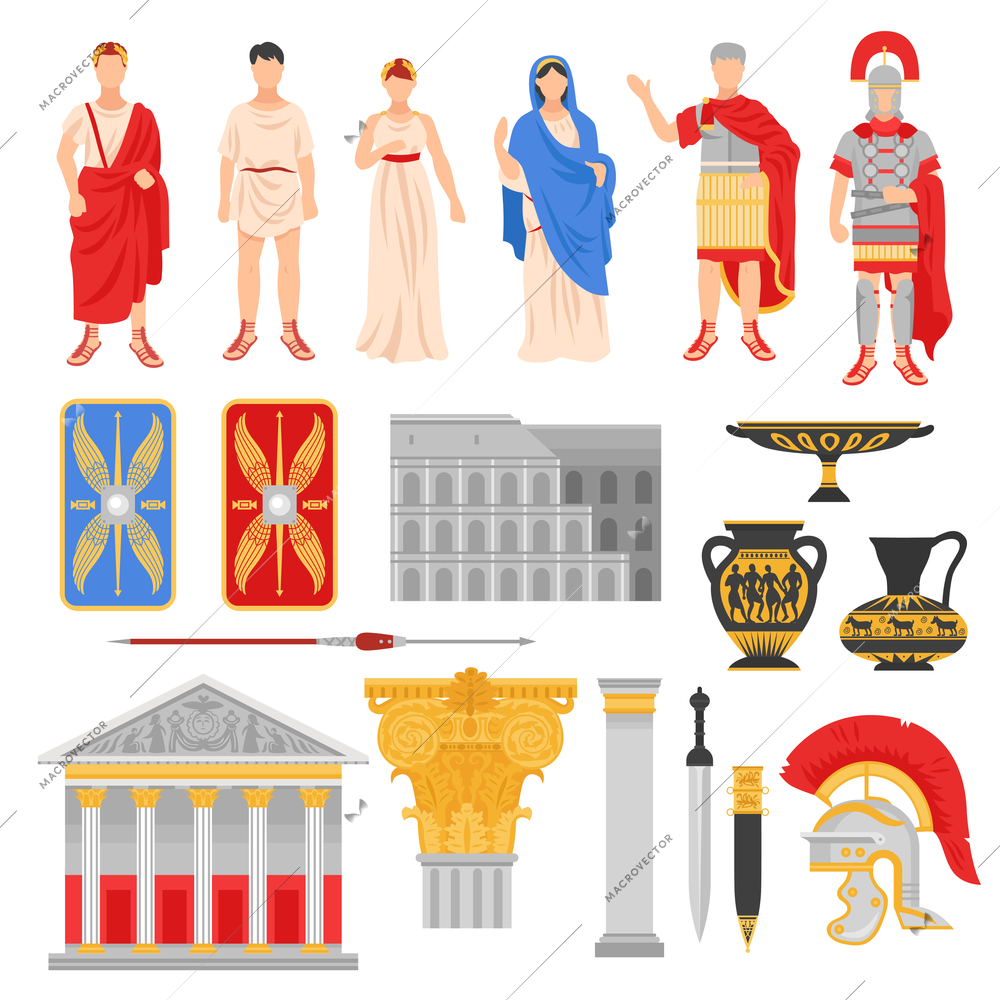 Ancient rome empire set of isolated flat images with pantheons legionnaire outfit weapons and human characters vector illustration