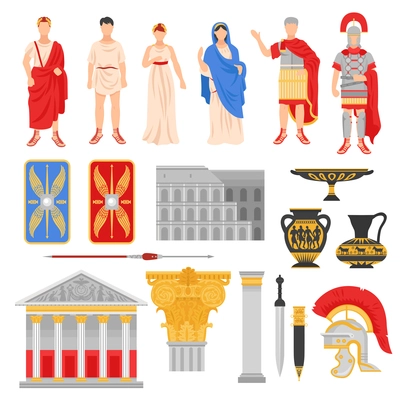 Ancient rome empire set of isolated flat images with pantheons legionnaire outfit weapons and human characters vector illustration