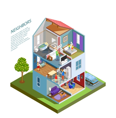 House with neighbors including spoiled kids, crying baby, barking dog, people during quarrel isometric composition vector illustration