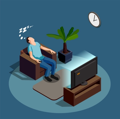 Sleep during watching tv, composition on blue grey background with man in chair, interior elements vector illustration