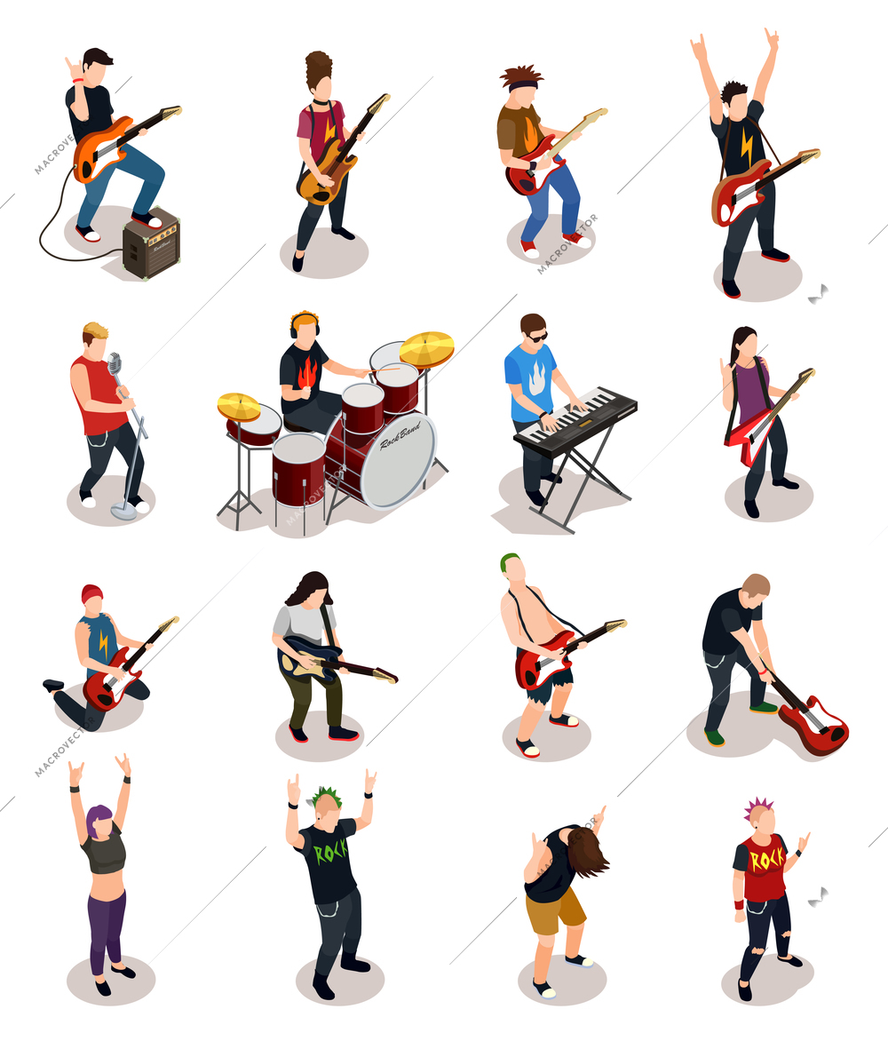 Rock stars set of isometric people with musical instruments including drums, synthesizer, guitars isolated vector illustration