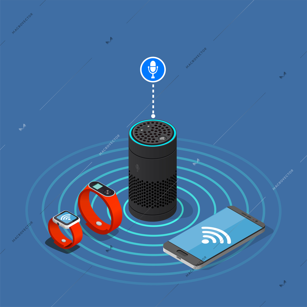 Internet of things isometric composition on blue background with assistant speaker, smartphone, watch and tracker vector illustration