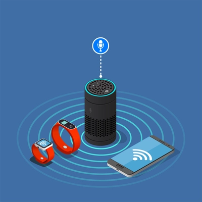 Internet of things isometric composition on blue background with assistant speaker, smartphone, watch and tracker vector illustration