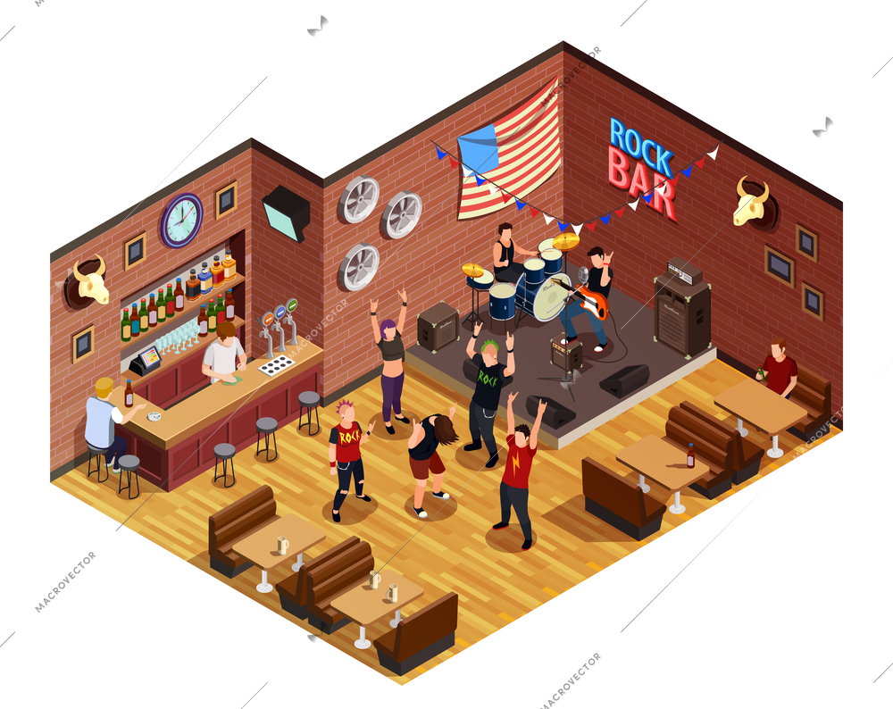 Rock stars in bar isometric composition with musicians on stage, admirers, interior elements vector illustration