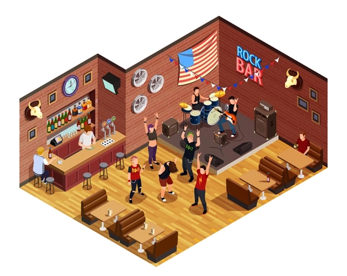 Rock stars in bar isometric composition with musicians on stage, admirers, interior elements vector illustration