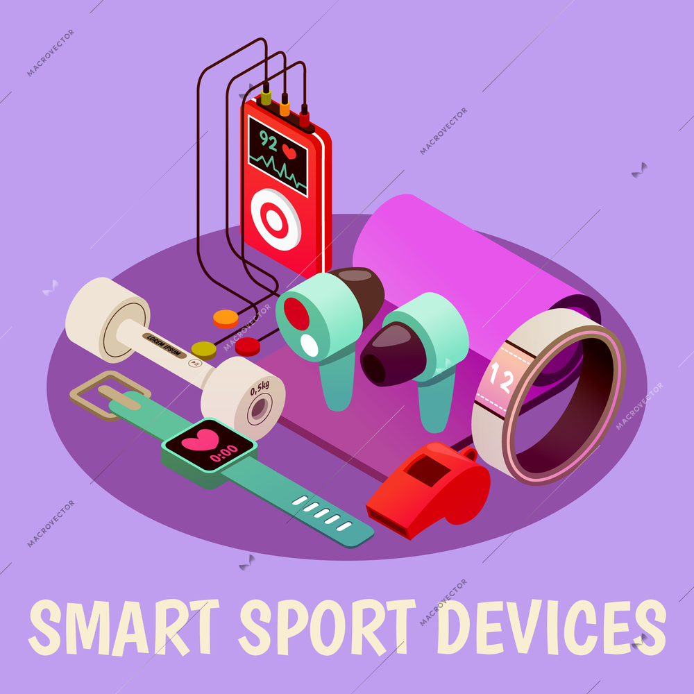 Isometric wearable sport devices background composition with images of electronic gadgets for fitness and healthy life vector illustration