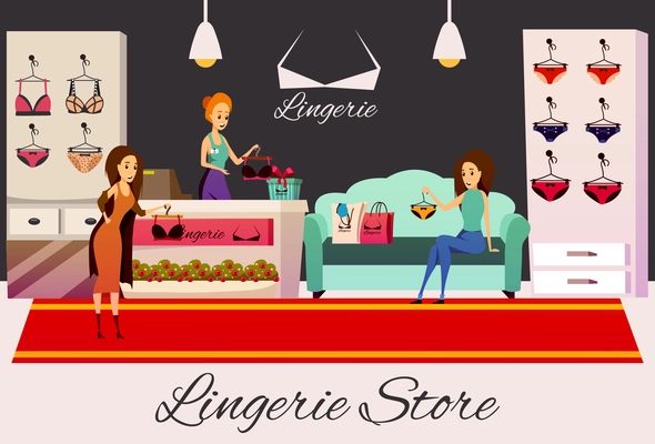 Lingerie store flat colorful horizontal background with indoor shop interior items for sale and human characters vector illustration