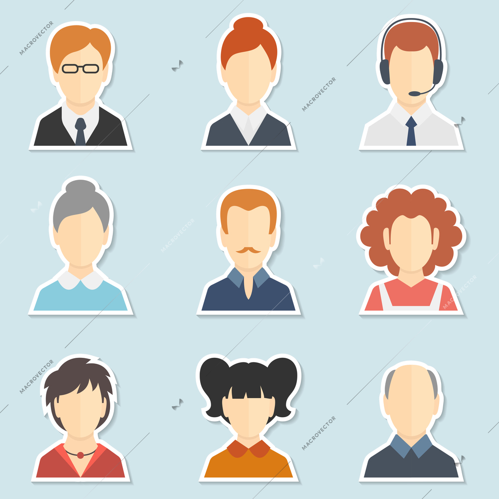 Trendy face avatar icons business world web computer users profile and forums participants collection isolated vector illustration