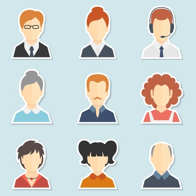 Trendy face avatar icons business world web computer users profile and forums participants collection isolated vector illustration