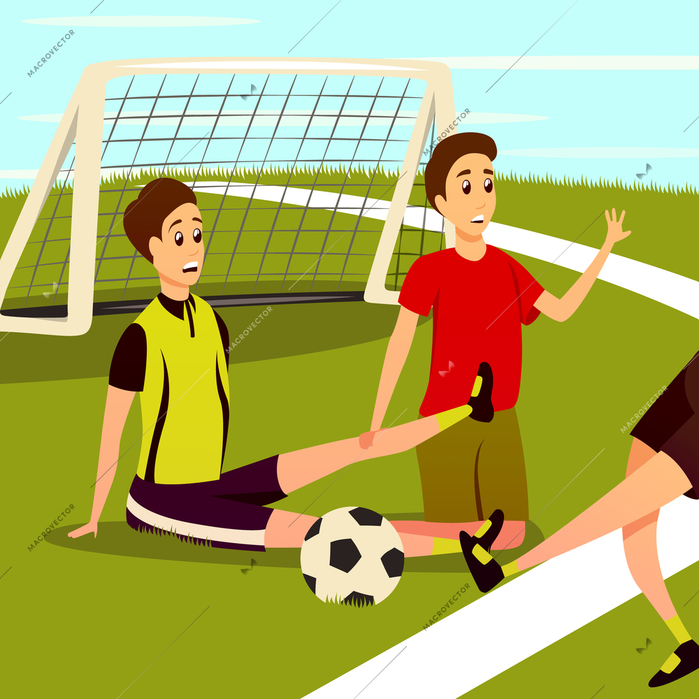 Sport injury flat colorful background composition with human characters of traumatised football players on soccer field vector illustration