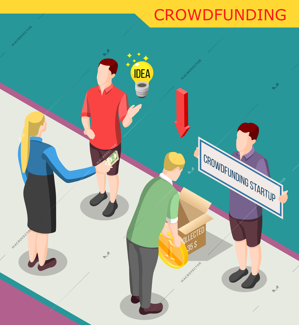 Collect money for crowdfunding startup isometric background with creative idea, persons giving coins vector illustration