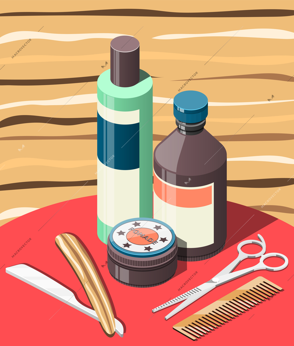 Barbershop isometric background with hair cosmetics and professional tools including scissors, razor, comb vector illustration