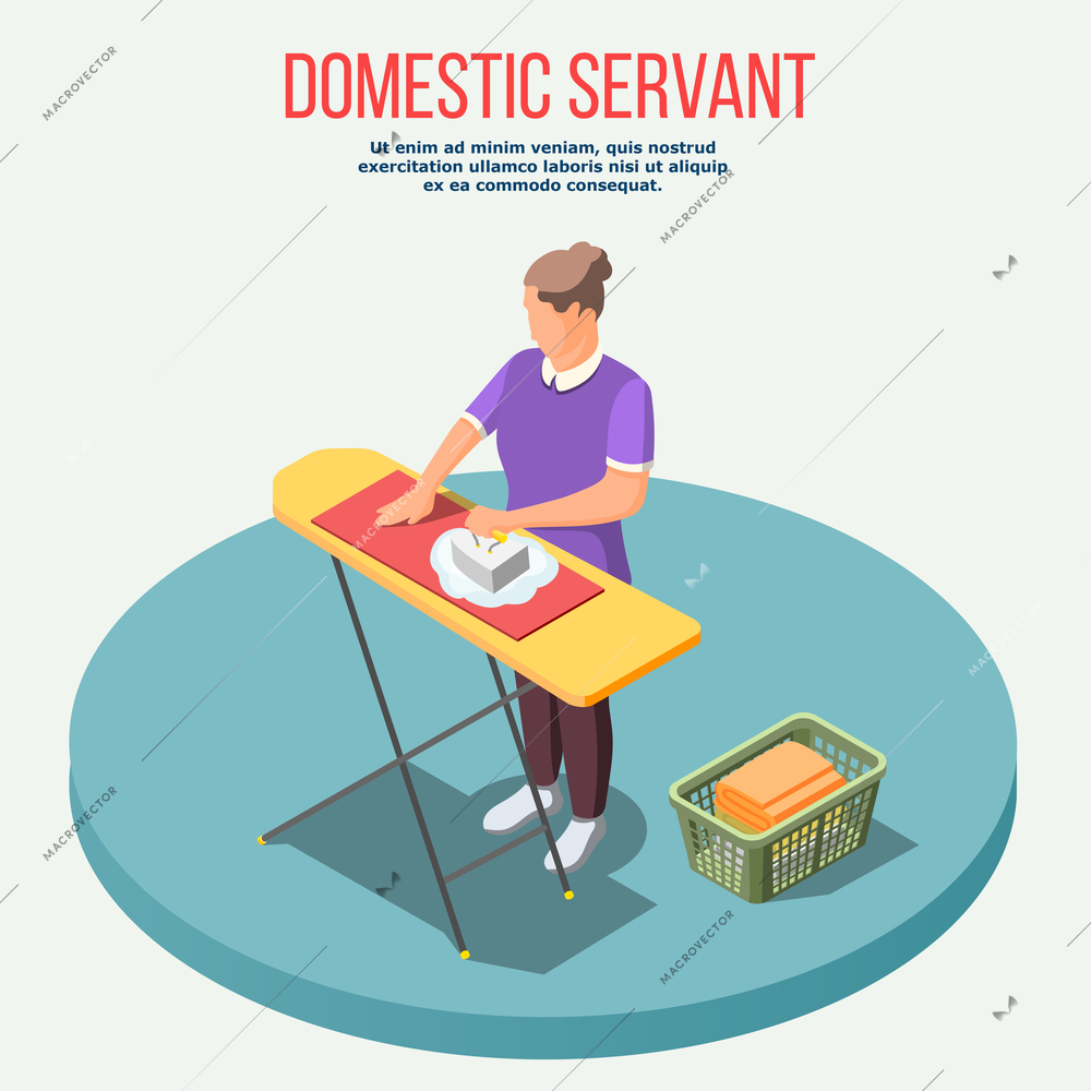 Housemaid isometric composition with woman during ironing and basket with clothing on blue platform vector illustration