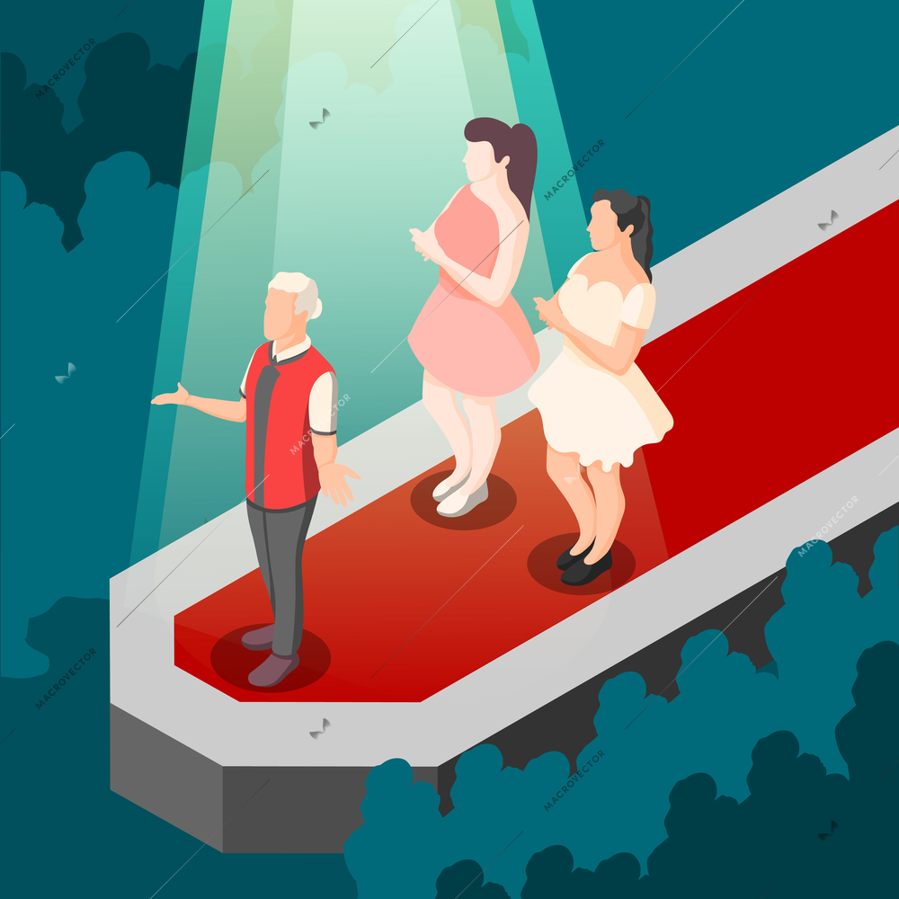 Fashion show isometric composition with designer and models on red walkway in rays of spotlight vector illustration