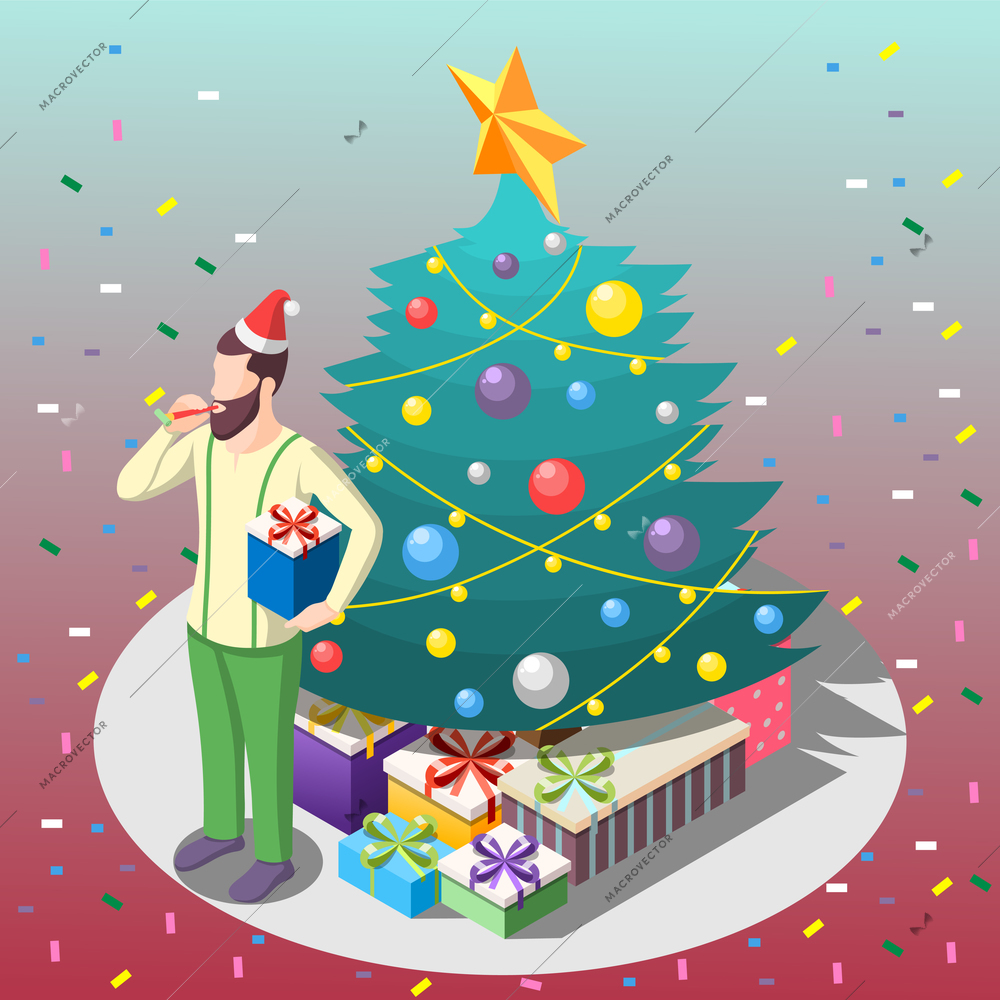 Bearded man with gifts near christmas tree isometric composition on gradient background with confetti vector illustration