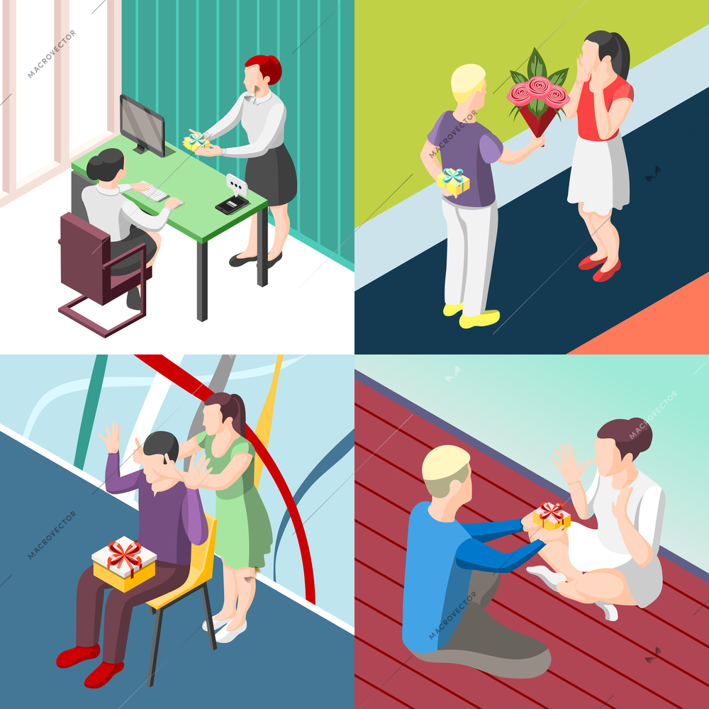 People with gifts in office, during romantic meeting, birthday, valentine day isometric design concept isolated vector illustration