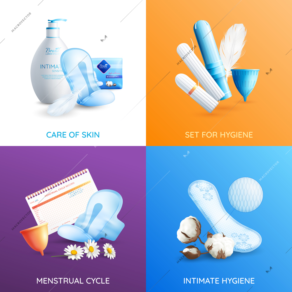 Feminine hygiene realistic concept icons set with skin care symbols isolated vector illustration