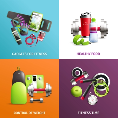 Fitness gym concept icons set with control of weight symbols realistic isolated vector illustration