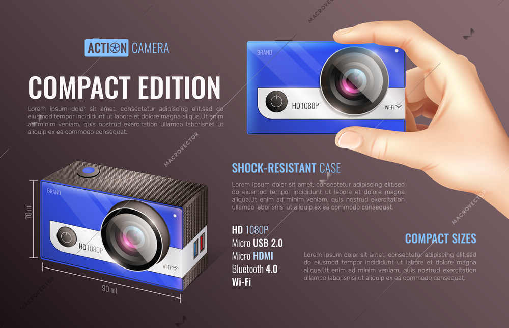Action camera compact edition poster with compact size symbols realistic vector illustration