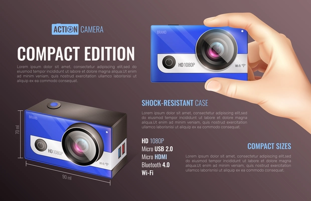 Action camera compact edition poster with compact size symbols realistic vector illustration