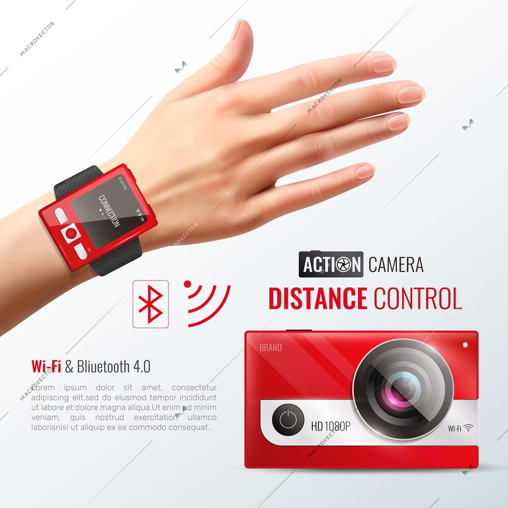 Action camera poster with distance control symbols realistic vector illustration