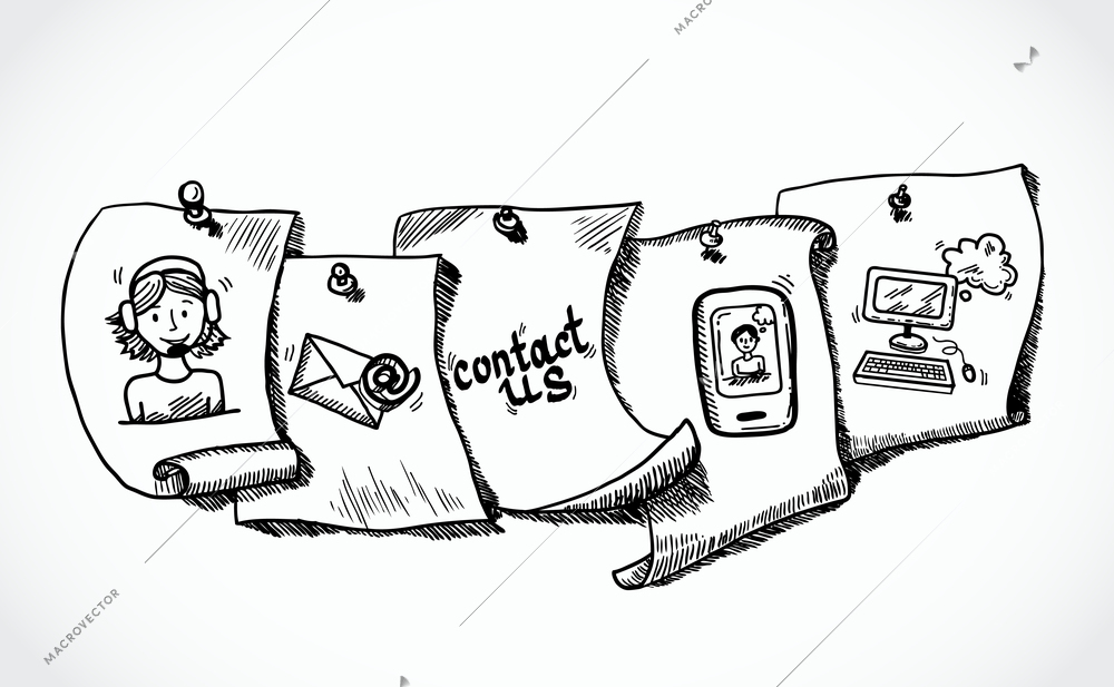 Contact us phone customer service user support paper icons tags sketch set vector illustration