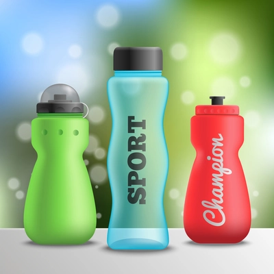 Fitness bottles realistic composition of three bottles on shelf surface and blurry background with text vector illustration