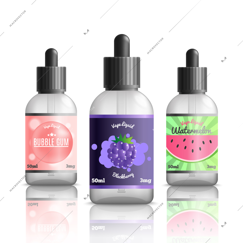 Vaping identity realistic set with isolated images of refill bottles for vape liquids of different flavour vector illustration