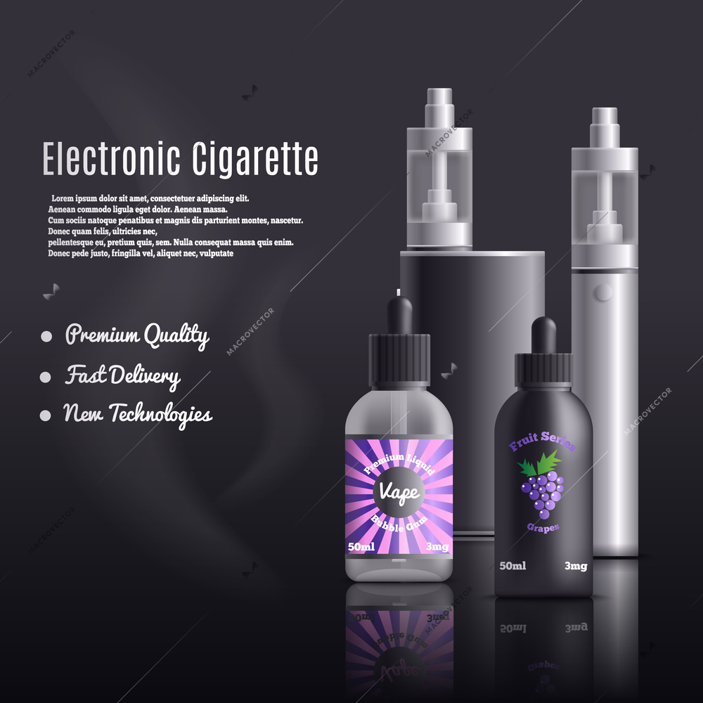Vaping identity realistic composition with editable advertising text and images of vape devices with refill liquid vector illustration