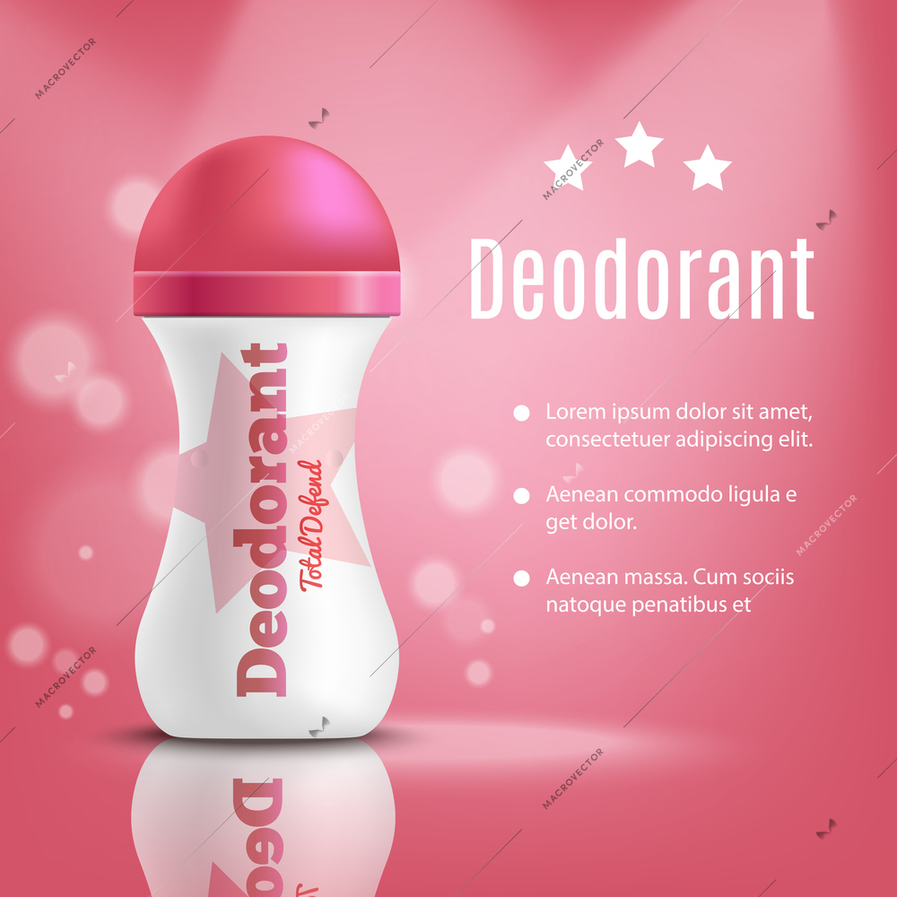 Deodorant composition with realistic image of antiperspirant in plastic package on blurry purple  background with text vector illustration