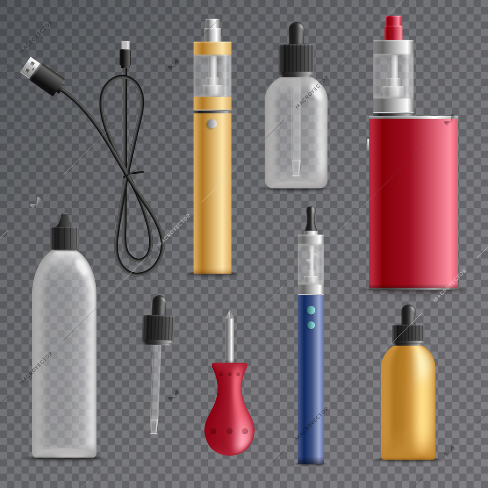 Vaping realistic set on transparent background with isolated images of refill bottles vaporizers and charging wire vector illustration