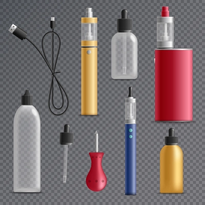 Vaping realistic set on transparent background with isolated images of refill bottles vaporizers and charging wire vector illustration