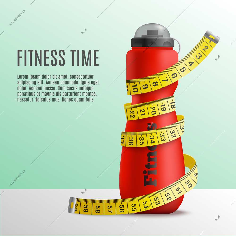 Fitness bottle tape realistic composition with editable text and image of bottle wrapped up in metre stick vector illustration