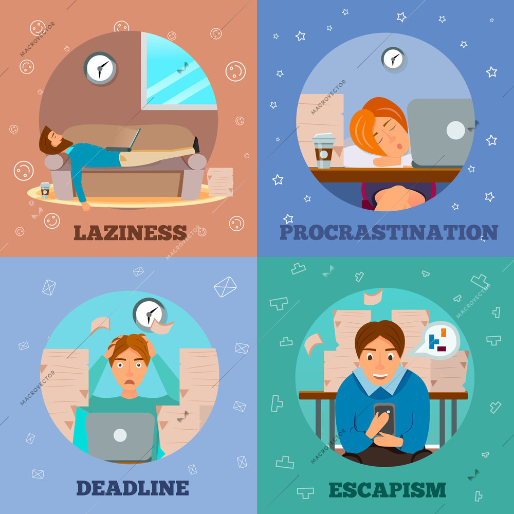 Procrastination laziness escapism delayng and dealing with deadlines characters concept 4 cartoon icons square isolated vector illustration