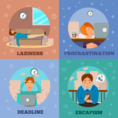 Procrastination laziness escapism delayng and dealing with deadlines characters concept 4 cartoon icons square isolated vector illustration